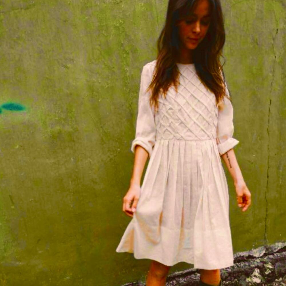 Innika Choo Ramie Linen Pleated Lattice Dress Irish Cream 1 S NWT $328